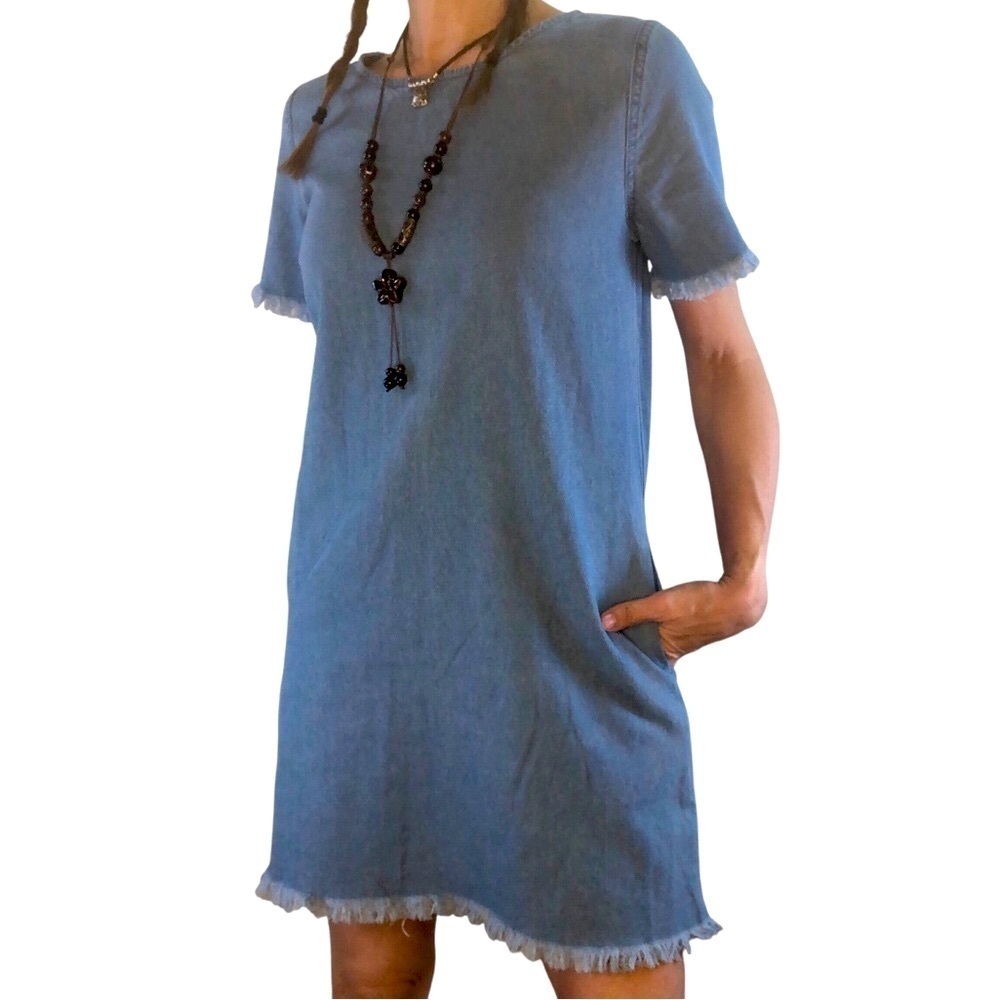 Rosette Denim Chambray Dress Sz S Fringe Hem Light Blue Festival Boho Prairie